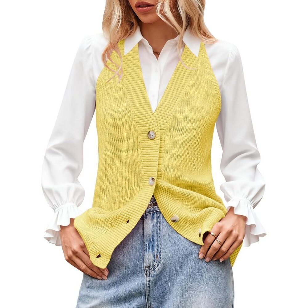 Women Sweater Vest Sleeveless Knit Tank Top Button V Neck Casual Size XL